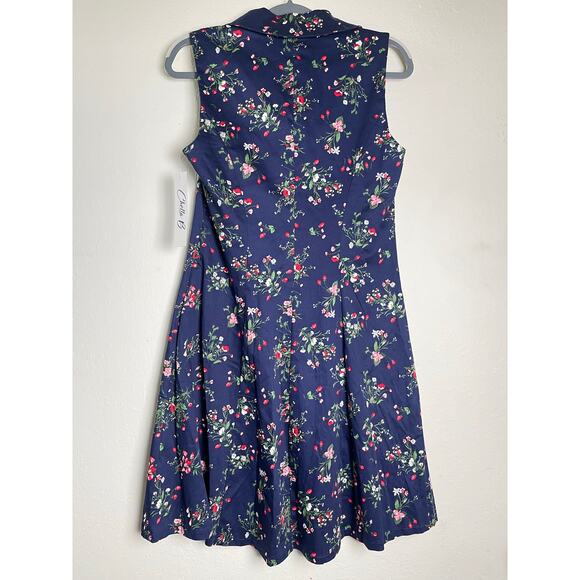 NWT Chetta B Women's Shift Fit Midi Dress Blue 10 Strawberry Floral Novelty Chic - Picture 3 of 16